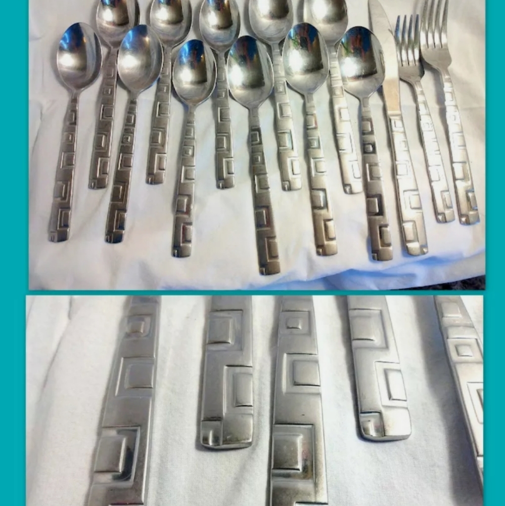 Cambridge Stainless Spoons Forks Butter Knife 14pc Geometric Mid-Century Modern